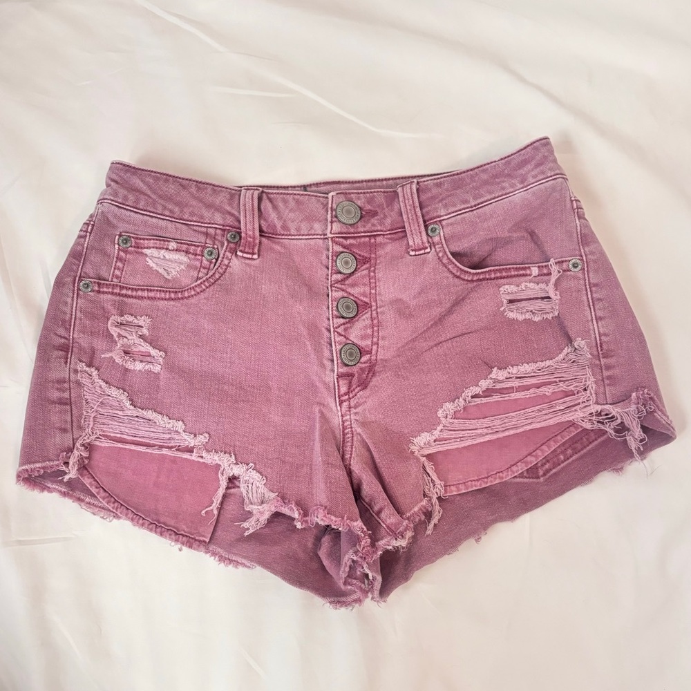 American Eagle High Rise Festival Stretch Distressed Shorts in Burgundy